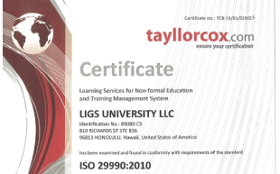 LIGS University je také držitelem certifikátu systému kvality ISO 29990:2010